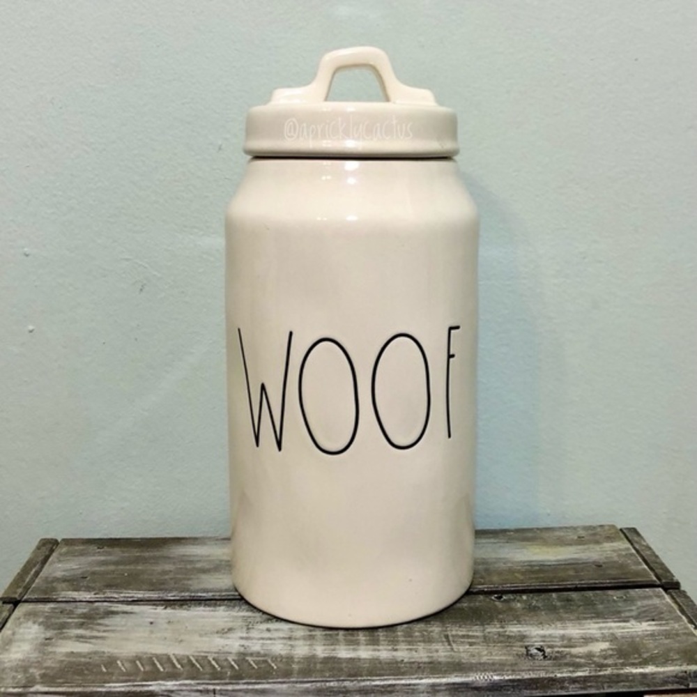 NEW Rae Dunn WOOF Dog Treat Jar Canister Tall Lid